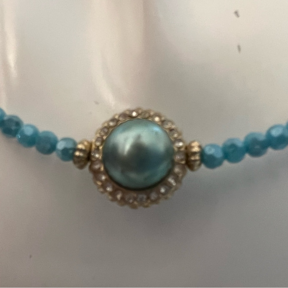 Turquoise Blue Gold Faceted Beads Choker Necklace W/Rhinestone Center Faux Pearl - Picture 7 of 10